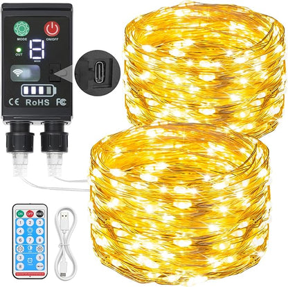 Lakumu 2-in-1 Rechargeable Fairy Lights Battery Operated, 66FT(2×33) Twinkle Lights with Remote & Timer, 200 LED String Lights for Bedroom Waterproof Outdoor Camping, Christmas Decorations Warm White
