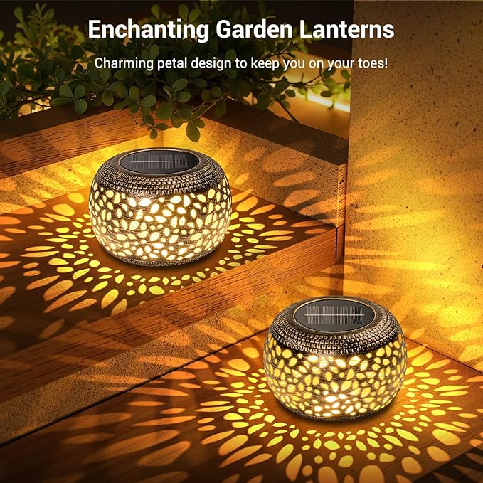 2 Pack Bronze Solar Lanterns Outdoor Waterproof Lights: Hollow Out Metal Table Light, Unique Gardening Gifts for Women Mom, Outside Garden Yard Balcony Indoor Tabletop Decorations, 2 Lighting Modes