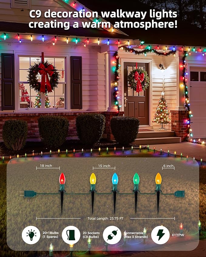 C9 Christmas Lights Outdoor, 25.7ft 20 Bulb Pathway Lights with Stakes, Multicolor