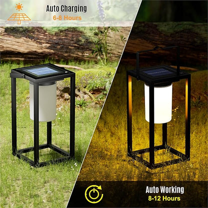 Outdoor Solar Lantern Table Lamp, Black Metal Portable Rechargeable Solar Lamp Waterproof Outdoor Lamps Decorative Large Outdoor Lanterns for Porch Patio Camping Walking Reading