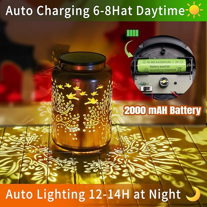 Tree of Life Solar Lanterns Outdoor Waterproof, 14.6'' Large Lamps, Upgraded 2000mAH Battery, Metal Christmas Gift, Birthday Gifts for Women Mom Grandma, Garden Yard Patio Lawn Pathway Decor