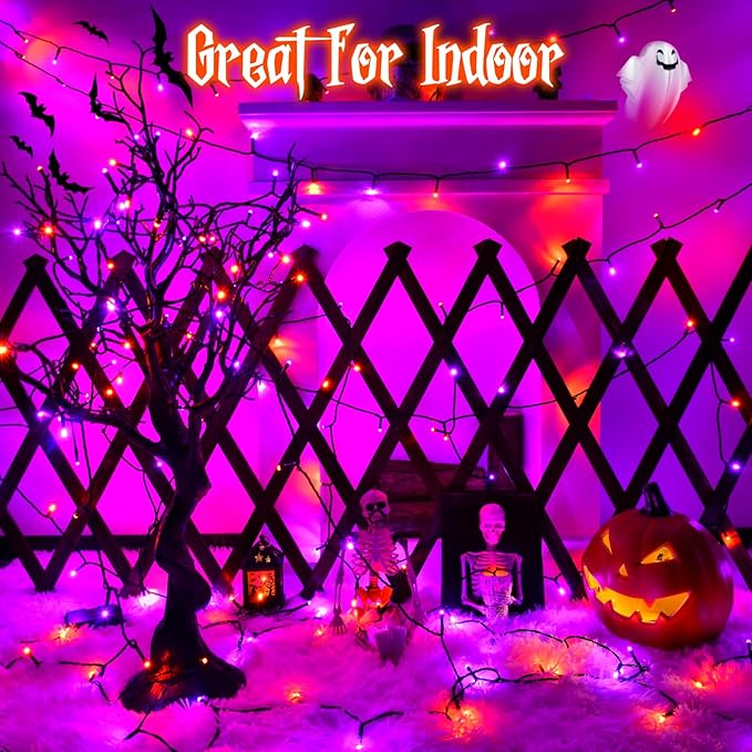 Halloween Lights String Total 100LED Battery Operated Outdoor 8 Modes with Timer 16.4Ft*2, 50LED*2 Waterproof Fairy Lights Indoor for Halloween Decor, Orange&Purple, 2-Pack