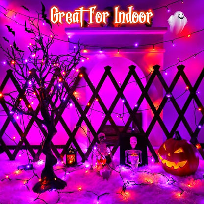 Halloween Lights String Total 100LED Battery Operated Outdoor 8 Modes with Timer 16.4Ft*2, 50LED*2 Waterproof Fairy Lights Indoor for Halloween Decor, Orange&Purple, 2-Pack