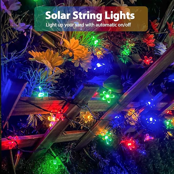 2PK 80LED 50FT Flower Solar String Lights Outdoor Waterproof, Cherry Blossoms Multicolor Lights with 8 Lighting Modes, Garden Decor for Outside, Pathway Light for Fence, Patio, Yard
