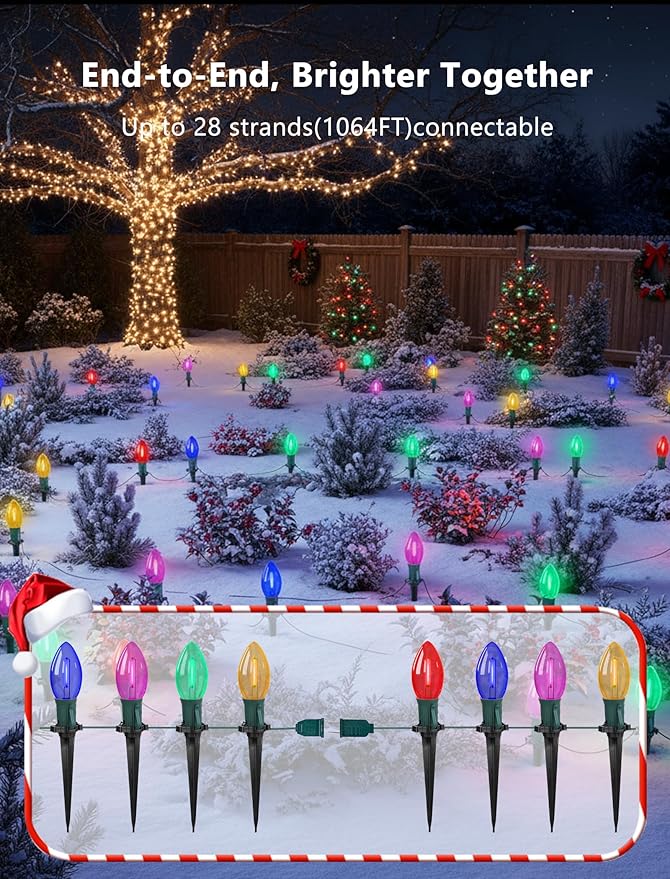 38FT Multicolor LED Christmas Pathway Lights, 25 Multicolor Extendable Weatherproof Christmas Walkway Lights with C9 LED Bulbs and Stakes for Outdoor Lawn Patio Yard Christmas Decorations
