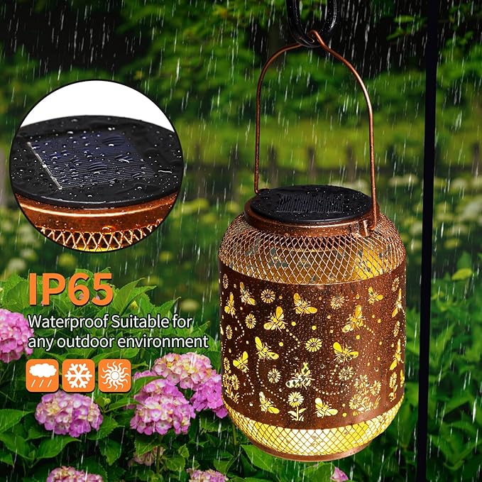 Bee Solar Lanterns Outdoor Waterproof Garden Decor Birthday Gifts for Mom Women Grandma Metal Hanging Solar Lights Outdoor Decoration for Patio,Yard,Porch,Backyard