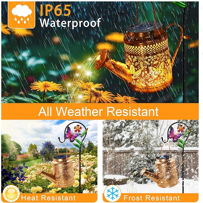 2 Pack Solar Powered Butterfly Watering Can Lights Waterproof Outdoor Decor with Shepherd Hook Hanging Patio Lights for Yard, Garden, Backyard Perfect Gardening Christmas Gift for Women, Mom, Grandma