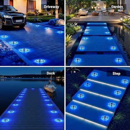 Solar Driveway Lights, 8 Pack Heavy Duty Driveway Lights Solar Powered 2 Color Mode (Cool White/Blue) IP68 Waterproof Outdoor Solar Deck Lights with Ground Stake for Pathway Garden Yard Walkway Dock