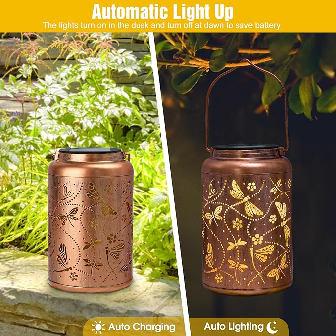 Dragonfly Solar Lanterns Outdoor Waterproof, Dragonfly Gifts for Women Mom Grandma Metal Hanging Solar Lanterns for Yard Garden Decor