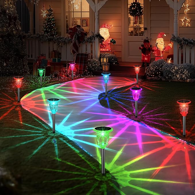Solar Pathway Lights Outdoor 2 Pack, 10 Modes RGB Color Changing & White Solar Garden Lights, 17.5" IP65 Waterproof Glass Stainless Steel Solar Powered Landscape Lights for Yard Walkway Driveway Patio