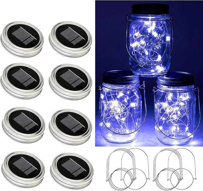 YJFWAL Solar Mason lid Light, 8 Pack 30Led Mason jar Fairy Lights,Including 8 Hangers and 2 PCS Fairy Decor PVC (Jars Not Included), Best for Courtyard Garden, Interior Decora (Cool White)