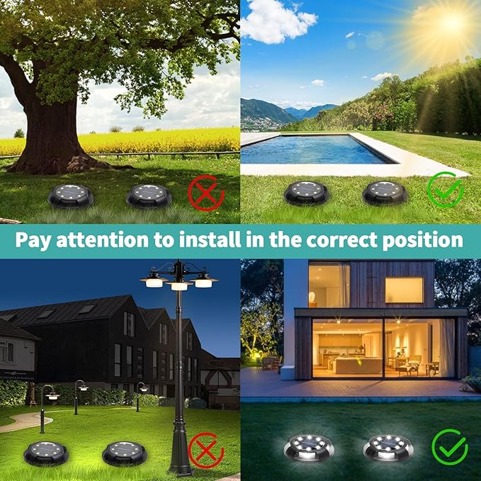 Solar Ground Lights, 8 Pack 12 LED Solar Disk Lights Outdoor Waterproof In-Ground Landscape Lighting for Garden Pathway Yard Lawn Patio Deck Driveway Walkway Outside Decor (Cold White)