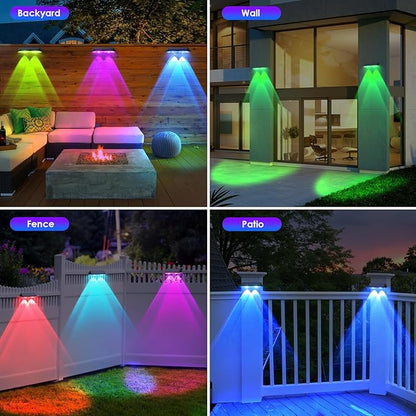 Solar Fence Lights Outdoor - Warm White & RGB 6 Color, Dusk to Dawn Solar Deck Light, Solar Lights Outdoor IP65 Waterproof, Garden Lights for Outside/Backyard/Railing/Step/Patio/Wall (12 pack)