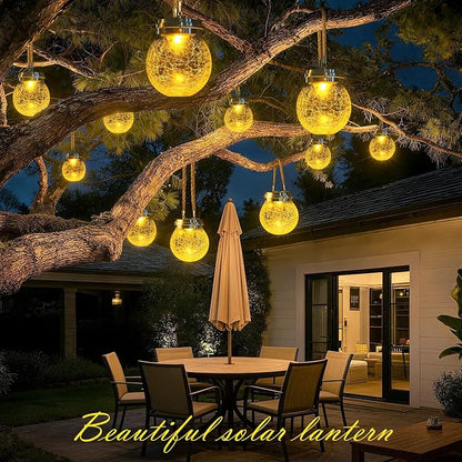 DBF Solar Lanterns Outdoor 2 Pack - Waterproof IP65 Hanging Solar Lights with Warm Amber & RGB Colors, Crackle Glass LED Ball Lights Globes Garden Decorative for Patio Tree Backyard Pathway Railing