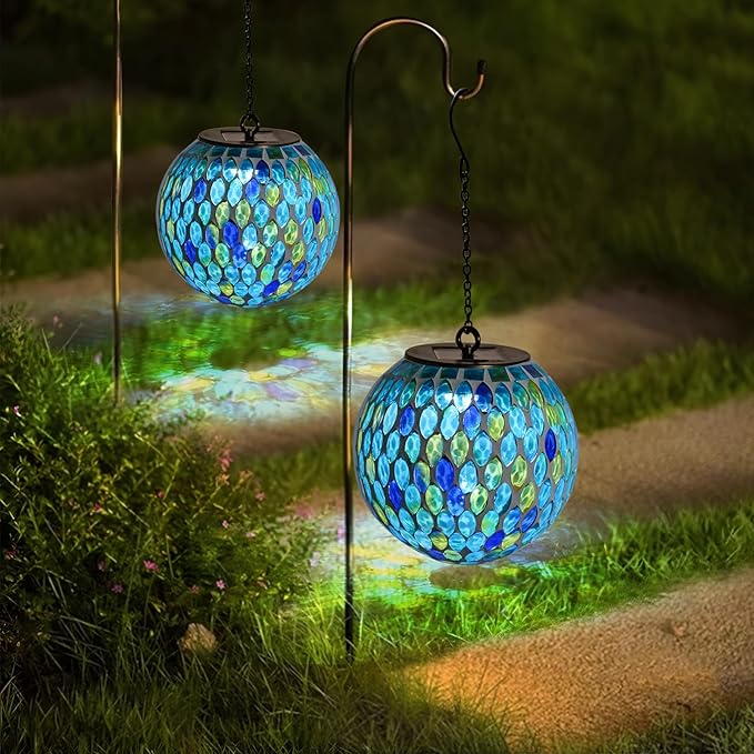Mosaic Solar Hanging Lanterns, Rustic Yard Decor