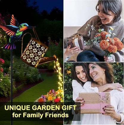 Solar Watering Can with Cascading Lights Outdoor Garden Decor, Hummingbird Shaped Hook Gardening Gifts for Mom Women Grandma Birthday, Solar Lights for Garden Decorations Patio Yard Lawn Backyard