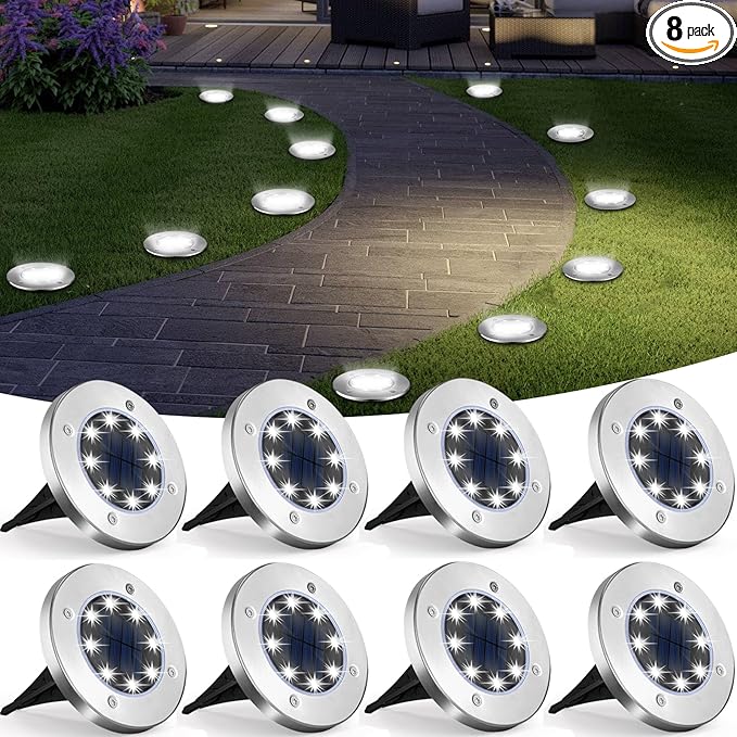 Solar Flat Disk Lights 8-Pack, Waterproof Landscape