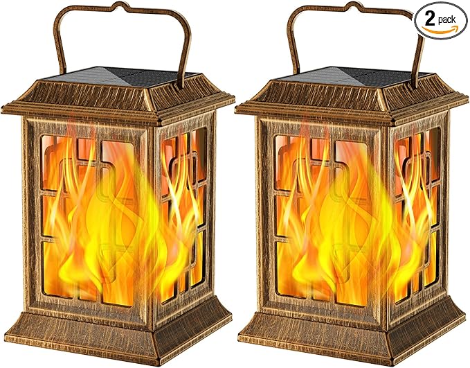 Flickering Solar Lantern Outdoor, Waterproof Hanging Flame Solar Powered Lantern for Pathway, Tabletop, Patio, Garden Decoratives (Bronze)