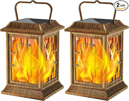 Flickering Solar Lantern Outdoor, Waterproof Hanging Flame Solar Powered Lantern for Pathway, Tabletop, Patio, Garden Decoratives (Bronze)