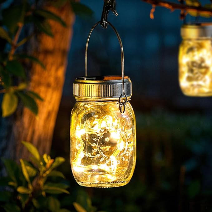 Mlambert 4 Pack Outdoor Solar Lanterns, Waterproof Hanging Mini Mason Jar Solar Lights for Backyard Garden Yard Patio Tree Decoration, Warm White