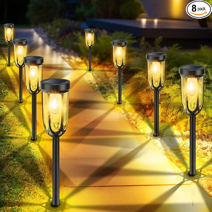 Solar Lights Outdoor 8 Pack, Solar Pathway Lights, Solar Lights Outdoor Waterproof IP65, Bright Auto On/Off Garden Lights, Solar Landscape Lights for Driveway Walkway Lawn Yard (Warm White)