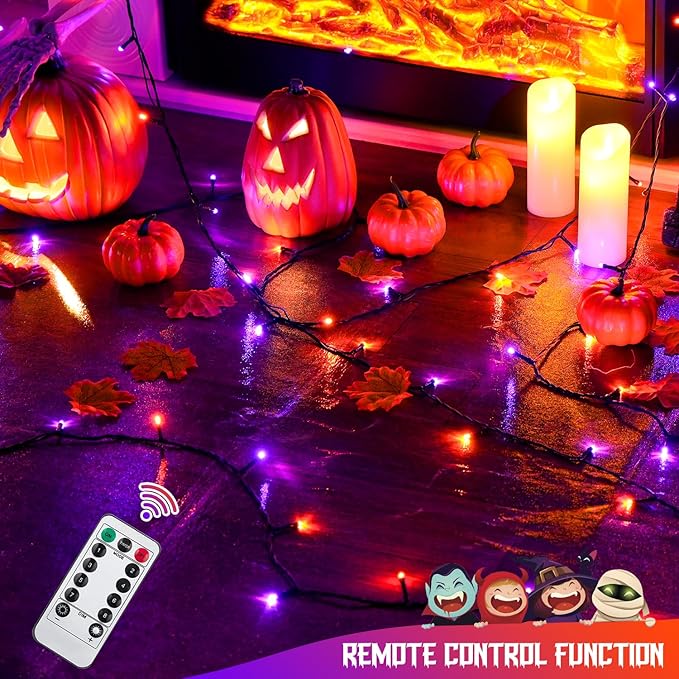 JMEXSUSS Orange and Purple Halloween Lights Battery Operated, Each 33 FT Indoor Halloween Lights Outdoor Waterproof, 2 Pack 100 LED Christmas Light for Christmas Tree Decor