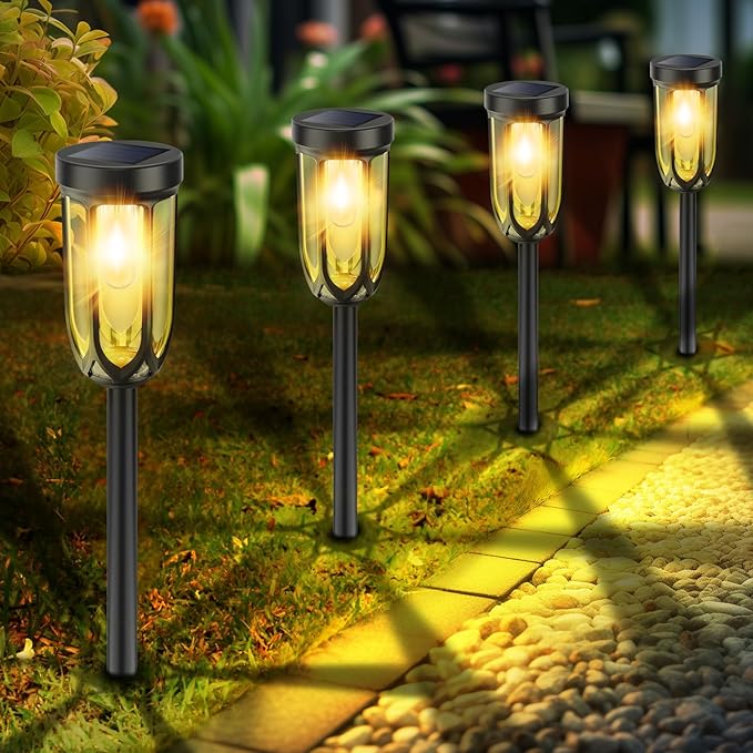 Solar Pathway Lights, Bright Solar Lights Outdoor Waterproof IP65, Auto On/Off Solar Lights for Outside, Solar Garden Lights Landscape Lighting for Walkway Lawn Yard (4 Pack)