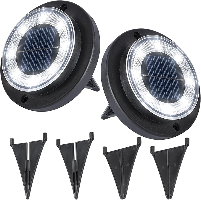 2-Pack Solar Ground Disk Lights, Cool White Waterproof LED