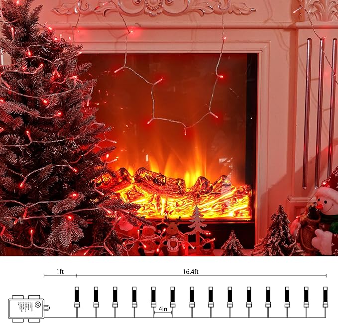 Lomotech Valentine's Day Decorations Lights - 4 Pack Total 66ft 200LEDs Battery String Lights 8 Modes Waterproof with Timer for Home, Garden, Party, Holiday, Tree Decoration (Clear Wire, Red)