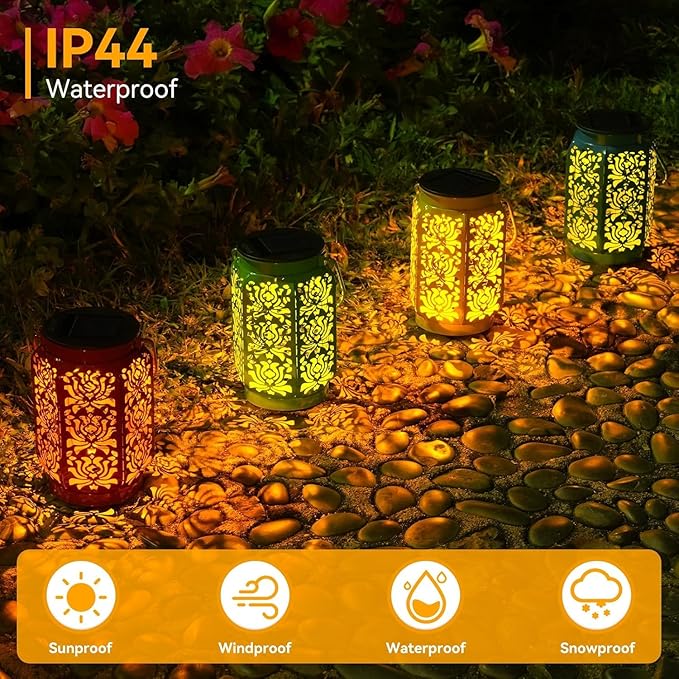 Solar Lanterns Outdoor 4 Pack, IP44 Waterproof Rose Solar Lanterns Mothers Day Gifts Outdoor Lights Garden Decor, 4 Colors LED Hanging Lantern with Handle for Outside Patio Yard Table Fence