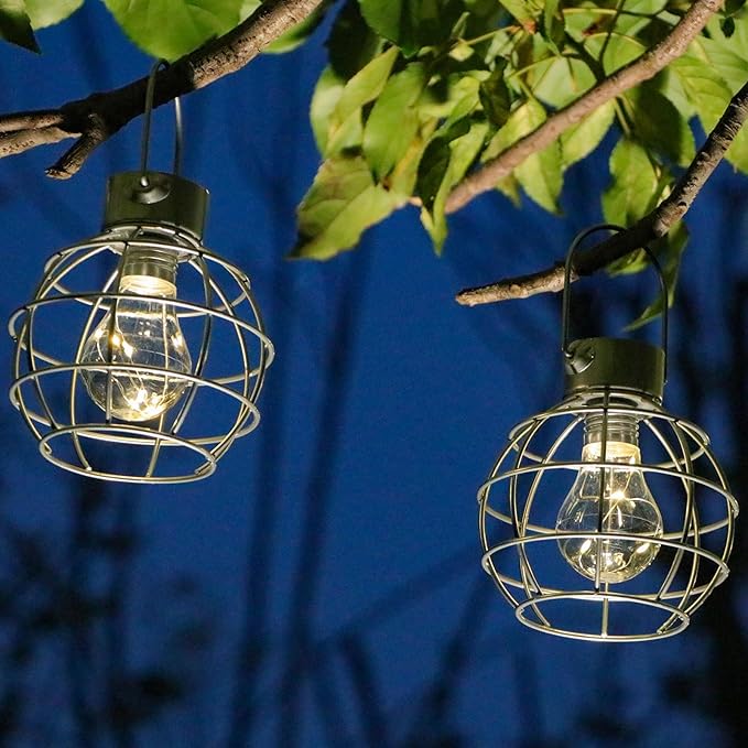 2 Pack Solar Lanterns Outdoor Hanging Lights, Metal Solar Lantern Outdoor Waterproof Auto On/Off Solar Light for Patio Backyard Pathway Porch, Silver