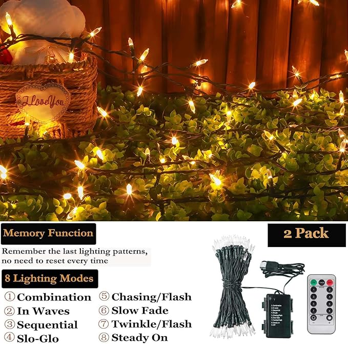 Tcamp 2 Pack Christmas Lights Battery Operated with Remote Memory Timer (Total 66ft 200LED), 8 Modes Battery String Lights for Christmas Tree Wreath Bedroom Outdoor Indoor Decor- Warm White