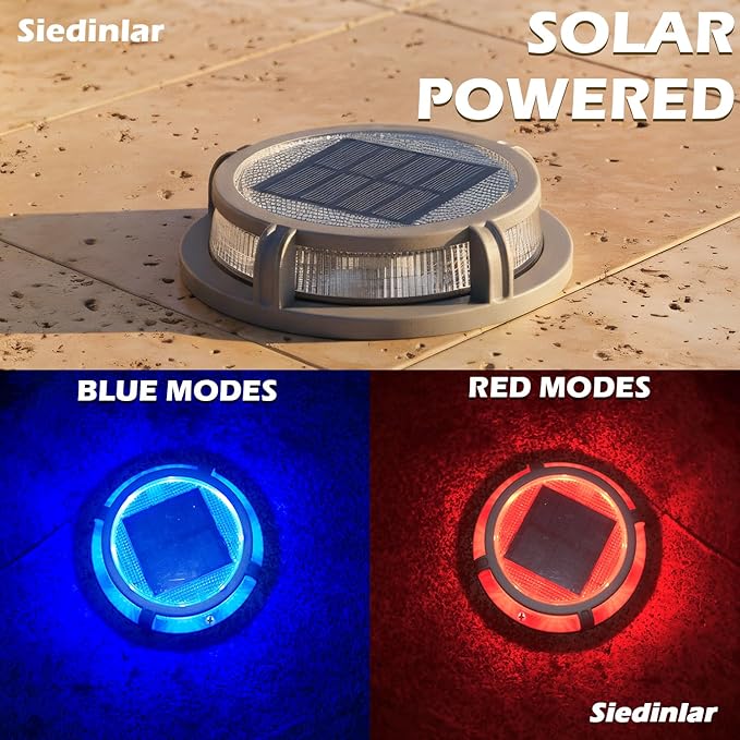 SIEDiNLAR Solar Deck Lights Outdoor 2 Modes 16 LEDs Dock Light Driveway Markers Solar Powered Waterproof for Ground Step Stair Pathway Walkway Garden Yard Road 12 Pack (Blue/Red)