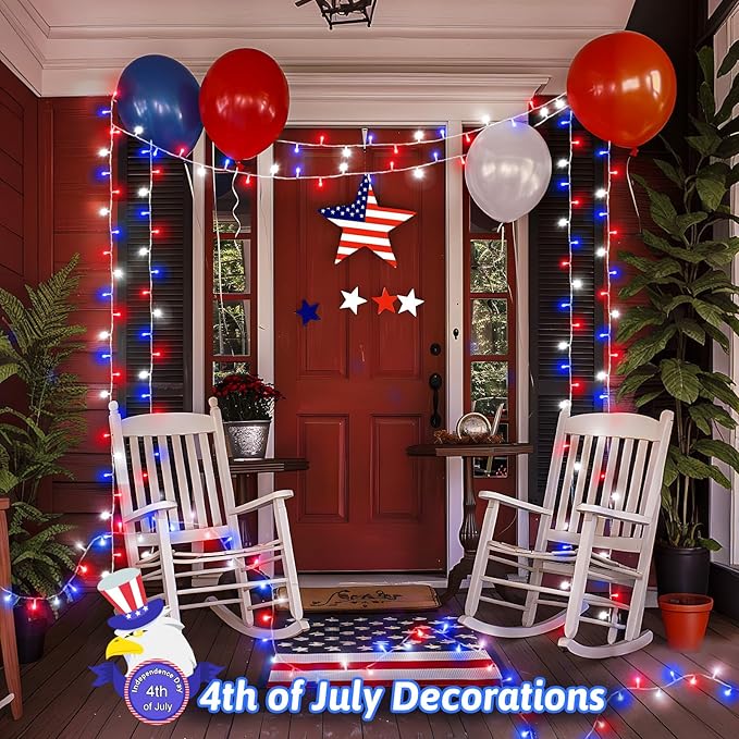 Red White and Blue Lights String 4th of July Decorations Outdoor Total 100 LED 33ft for Memorial Day Decorations, Battry Operated Waterproof with Timer Patriotic for Independence Day, 2-Pack