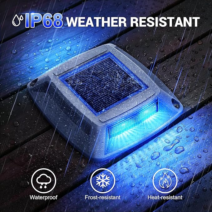 Solar Driveway Lights Outdoor 12 Pack, IP68 Waterproof Solar Powered Driveway Marker Deck Dock Lights for Steps Pathway Walkway Sidewalk Garden Yard Stair Marine (Blue)