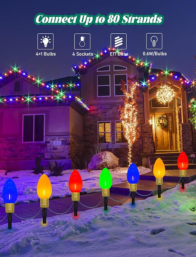 C9 Christmas Pathway Stake Lights, 7Ft String Lights with 4 Jumbo C9 Multicolor LED Bulbs, Stake, Christmas Decorations for Outdoor Garden Walkway