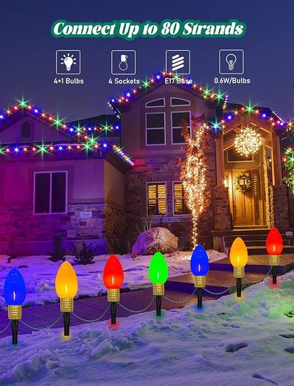 C9 Christmas Pathway Stake Lights, 7Ft String Lights with 4 Jumbo C9 Multicolor LED Bulbs, Stake, Christmas Decorations for Outdoor Garden Walkway