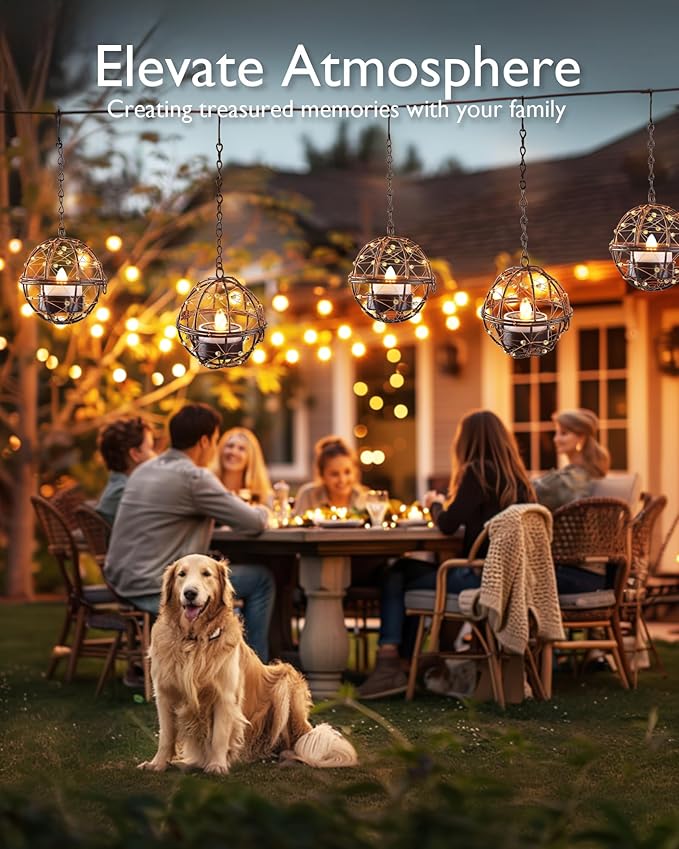 Homemory Solar Tea Lights Outdoor Waterproof Hanging Lanterns, Beaded Copper Wire Ball Holders with Solar Powered Tea Lights Candles, Ideal for Patio, Garden, Backyard, Pergola, Tree, Fence, 4-Pack