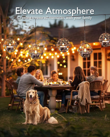 Homemory Solar Tea Lights Outdoor Waterproof Hanging Lanterns, Beaded Copper Wire Ball Holders with Solar Powered Tea Lights Candles, Ideal for Patio, Garden, Backyard, Pergola, Tree, Fence, 4-Pack