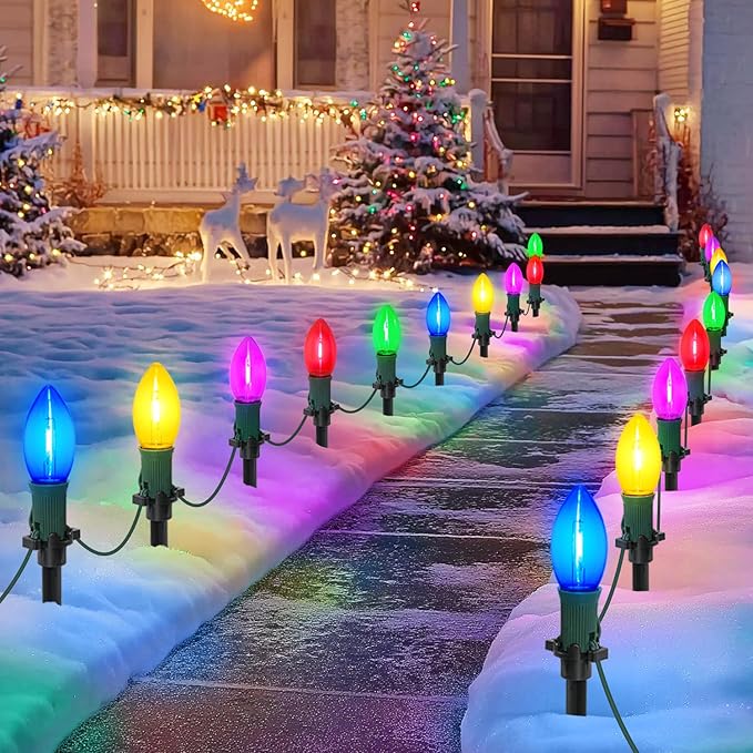 30Ft C9 Led Christmas Pathway Lights Outdoor, 20 Multicolor Bulbs Waterproof Connectable Christmas Walkway Lights with Stakes for Yard Lawn Sidewalk Driveway Decorations