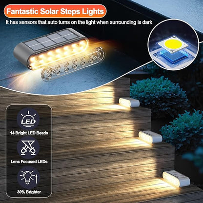 Solar Step Lights for Outside, 8-Pack Stair Light Outdoor Waterproof IP67, 14 LED Warm White Light Solar Powered Lighting for Steps, Stairs, Deck, Patio, Walkway, Front Porch Decor