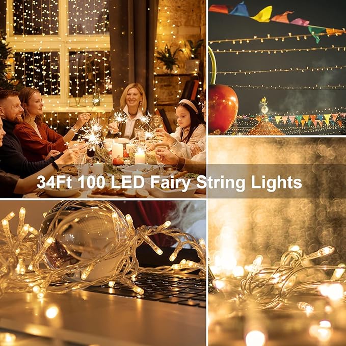 echosari Christmas String Lights Battery Powered, 33Ft 100 LED String Lights with Remote Dimmable Timer Fairy Lights for Wedding Party Garden Decor (Warm White)