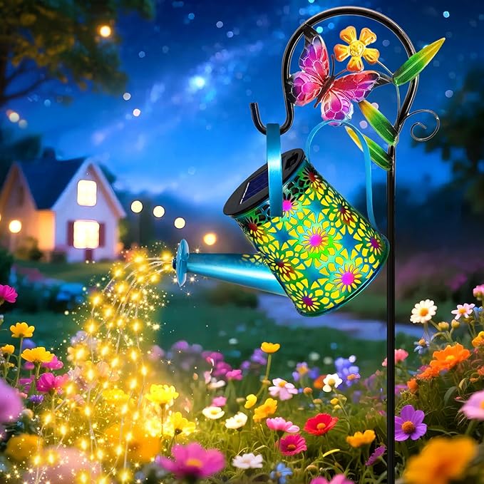 Solar Lights Outdoor Decorative, Blue Metal Solar Watering Can Lights Waterproof, Gifts for Women Mom Grandma Birthday, Hanging Lantern Decoration Garden Decor Yard Light for Outside Patio Lawn Porch