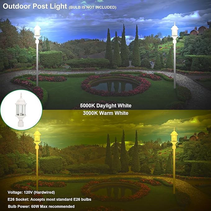 LIT-PaTH Outdoor Post Lighting Fixture Pole Lantern, E26 Medium Base Max 60W, Aluminum Housing Plus Glass, 1-Pack, White Finish