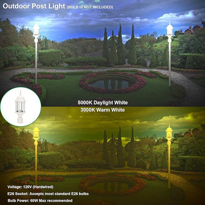 LIT-PaTH Outdoor Post Lighting Fixture Pole Lantern, E26 Medium Base Max 60W, Aluminum Housing Plus Glass, 1-Pack, White Finish