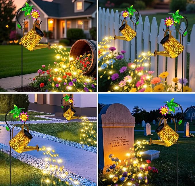 Christmas Gifts Solar Metal Watering Can with Hummingbird Shepherd Hook and Cascading Lights, Outdoor Solar Lantern for Garden, Yard, Patio Decor and Gardening Gifts for Women Mother's Day