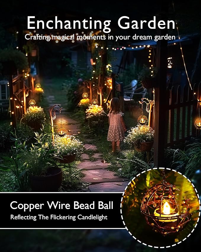 Homemory Solar Tea Lights Outdoor Waterproof Hanging Lanterns, Beaded Copper Wire Ball Holders with Solar Powered Tea Lights Candles, Ideal for Patio, Garden, Backyard, Pergola, Tree, Fence, 4-Pack