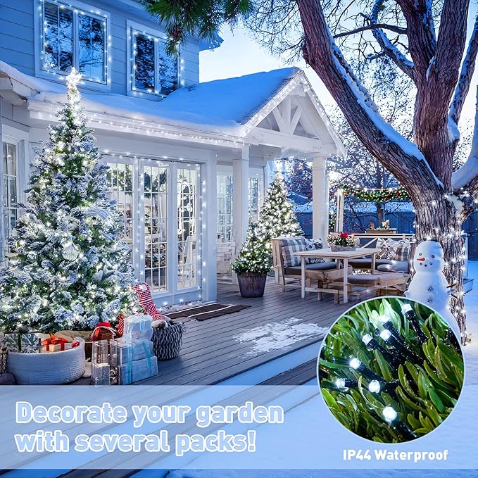 JMEXSUSS White Christmas Lights Outdoor Waterproof, Each 33 FT Battery Operated String Lights with Remote, 2 Pack 100 LED Christmas Tree Lights Indoor Outdoor for Party Garden Porch Yard Decor
