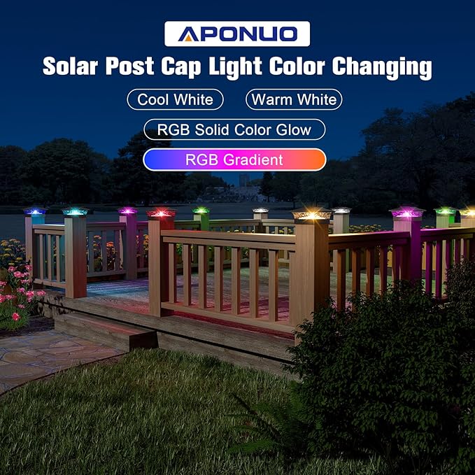 APONUO Solar Post Cap Lights with 8 RGB Solid Colors & Multicolor Flow - 12 Pack 6x6 Post Cap Solar Light, IP65 Waterproof - Fits 4x4 5x5 6x6 Wood & Vinyl Posts - Black