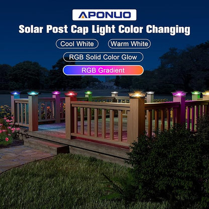APONUO Solar Post Cap Lights with 8 RGB Solid Colors & Multicolor Flow - 12 Pack 6x6 Post Cap Solar Light, IP65 Waterproof - Fits 4x4 5x5 6x6 Wood & Vinyl Posts - Black